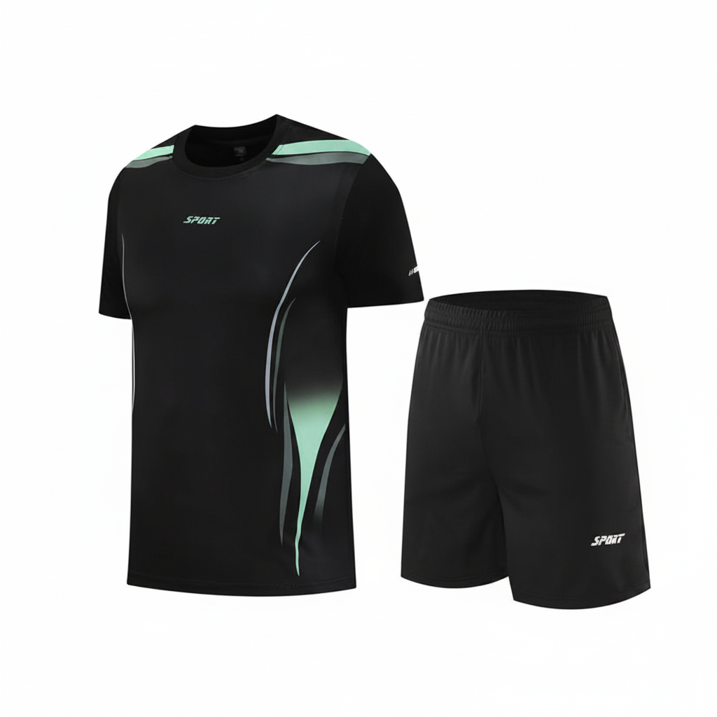Ghost mannequin front view of black and mint green sports jersey set