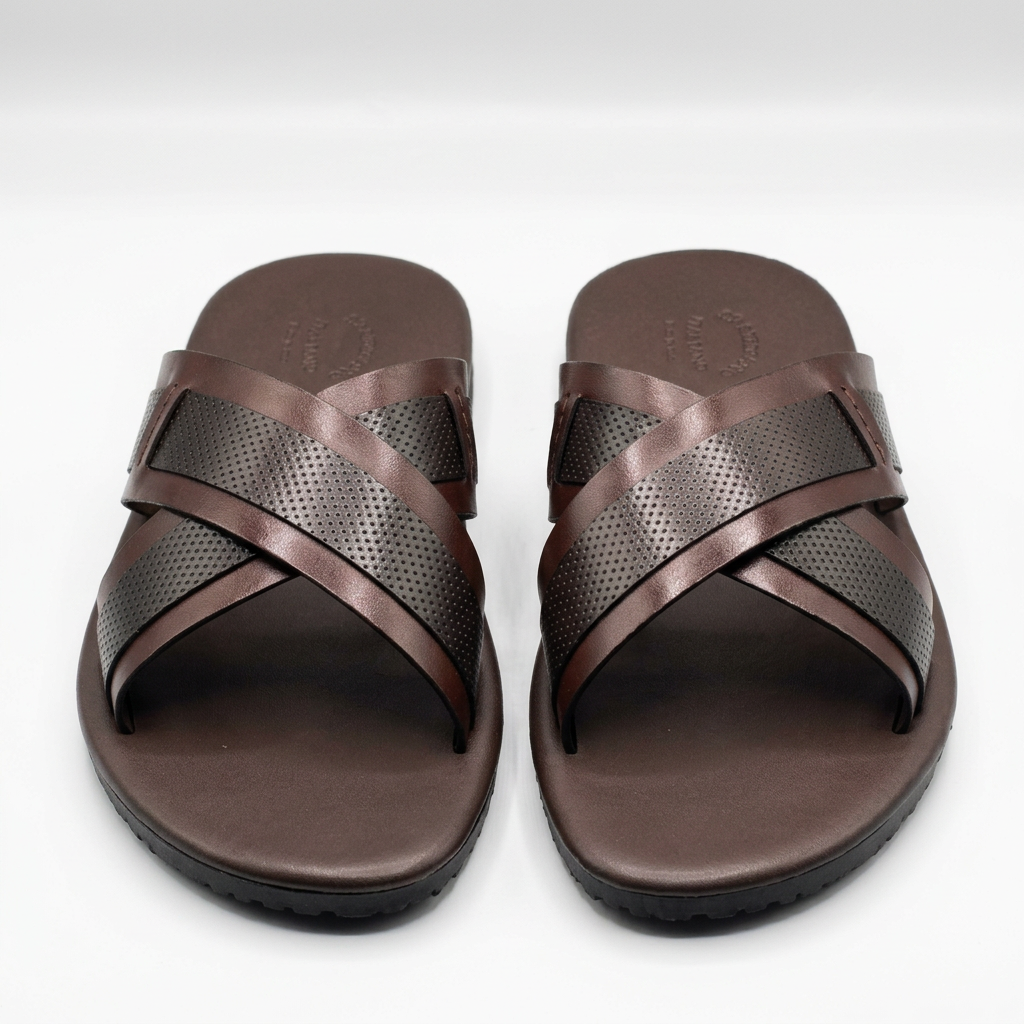 Pair of brown slides with dark perforated cross straps on white