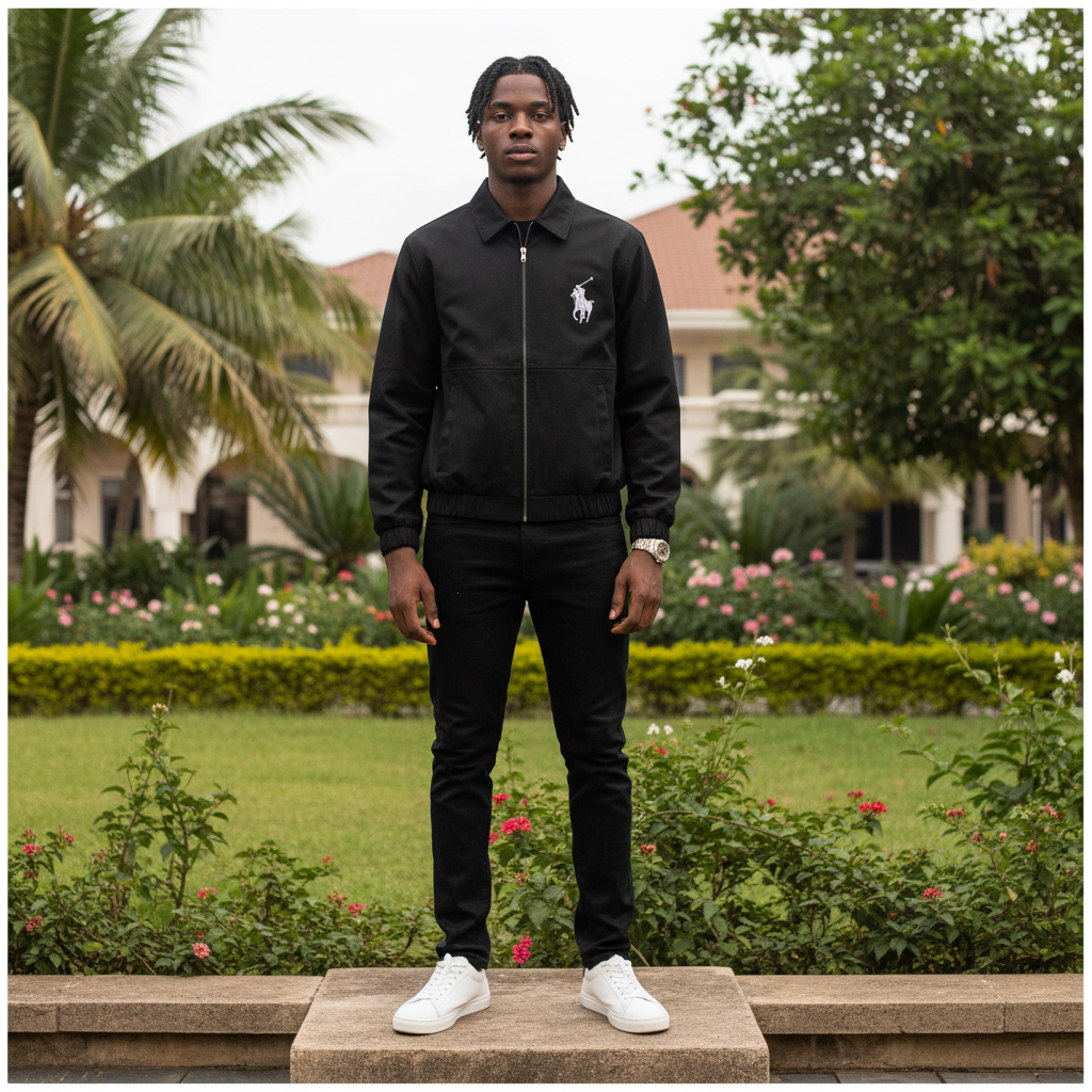 Nigerian male model full body wearing men's black equestrian embroidered zip-up coach jacket