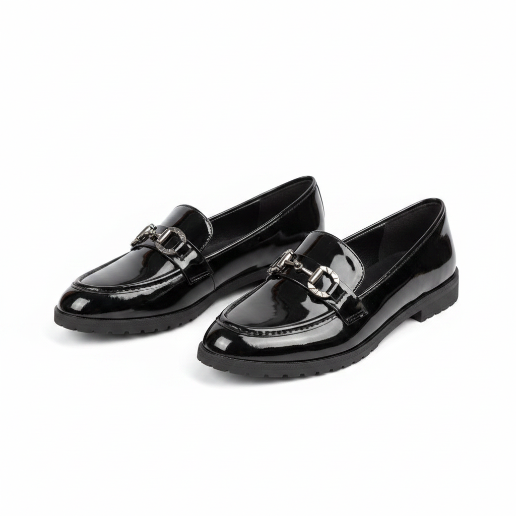Layinka Store Black Mirror Patent Horsebit Loafers – Catalog Shot