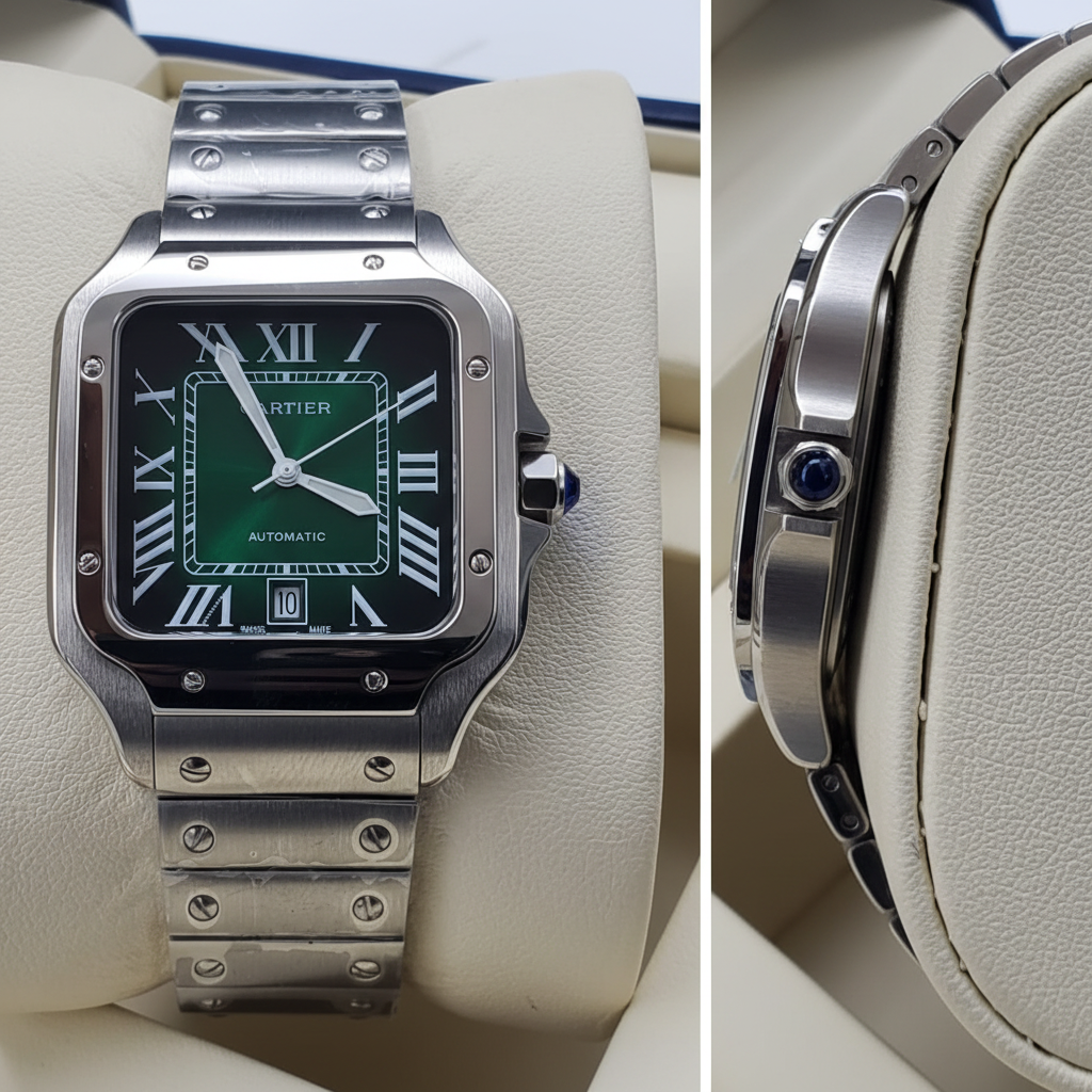 Santos square silver steel case green dial automatic men's watch front and side view