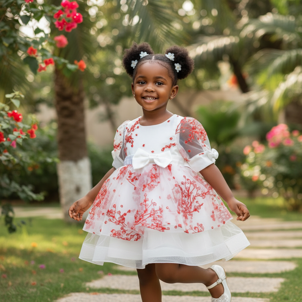 Young Nigerian girl wearing white floral tulle layered party dress