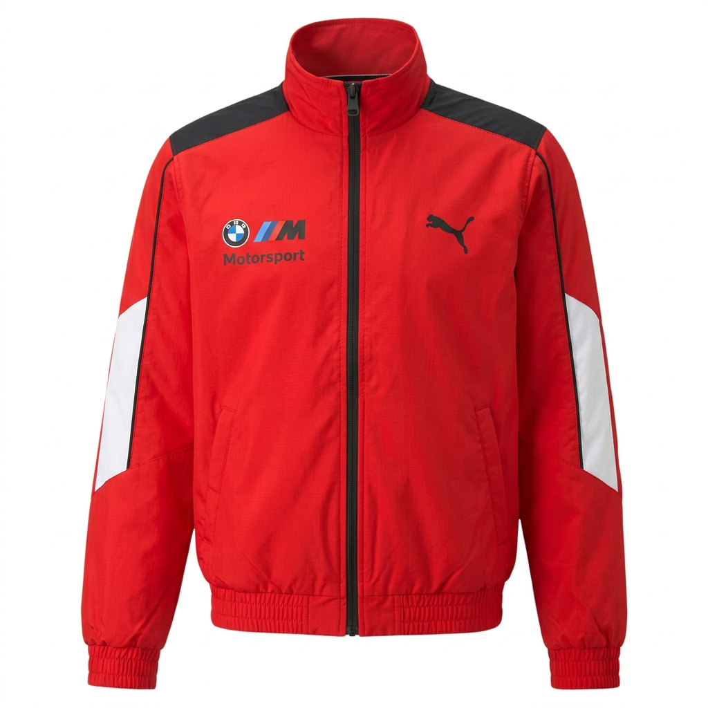 Red stand-collar zip jacket with black shoulders and white sleeve panels on white