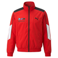 Red stand-collar zip jacket with black shoulders and white sleeve panels on white