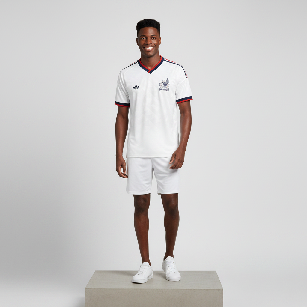 Nigerian male model wearing white retro away football jersey on concrete plinth