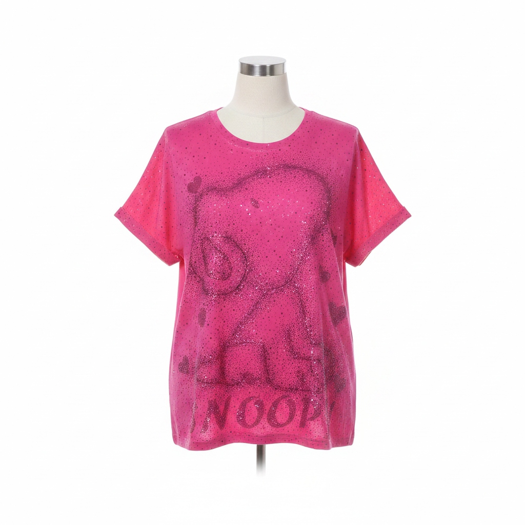 Fuchsia Rhinestone Snoopy Graphic Short-Sleeved Shirt - Ghost Mannequin