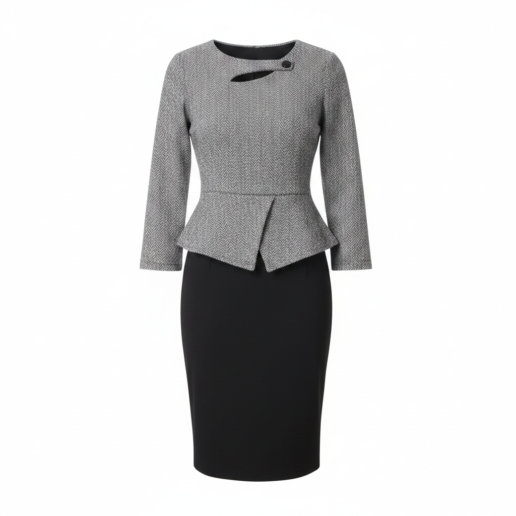 Women's grey tweed asymmetric peplum top and black pencil skirt co-ord set – ghost mannequin front view
