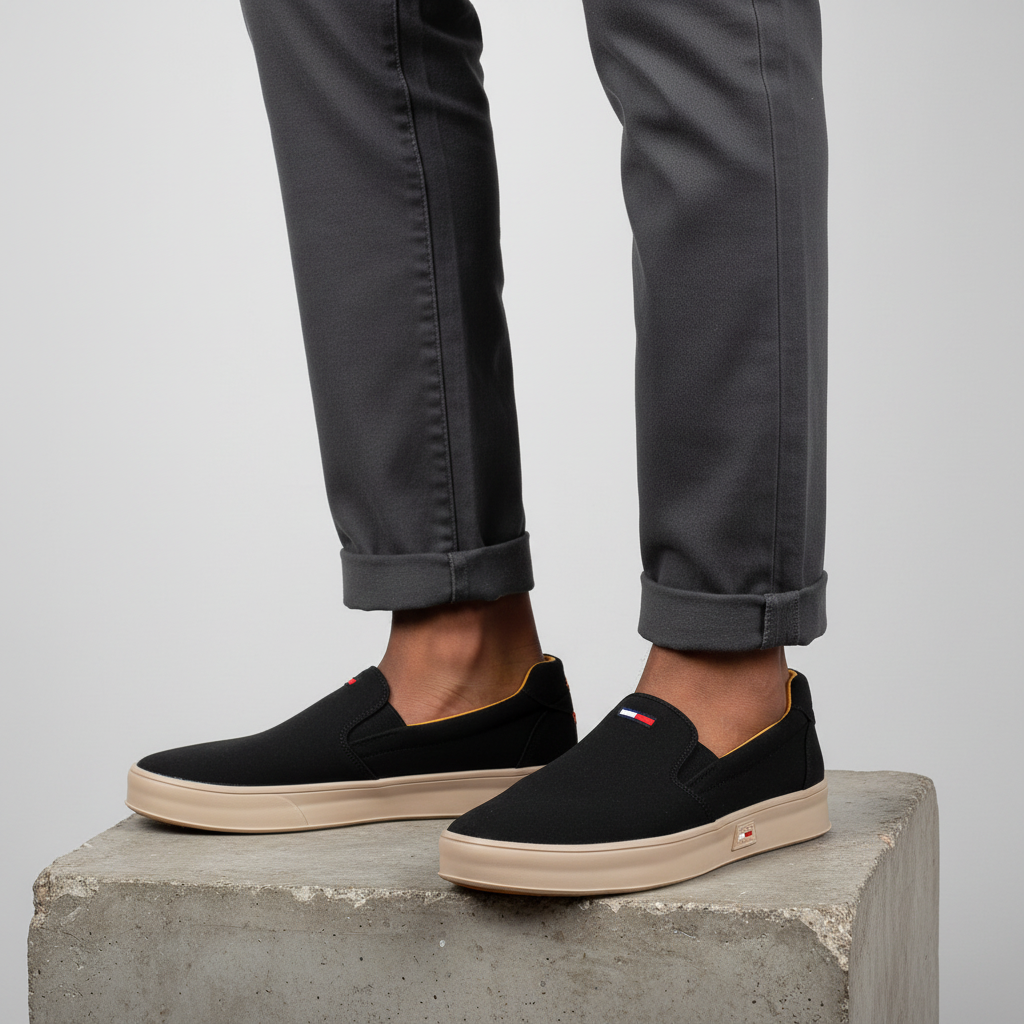 Leg-focused shot of black canvas slip-on loafers worn on both feet, Gen Z street style