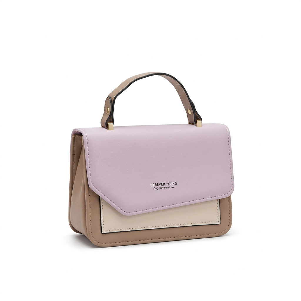 Lilac cream and taupe colour-block top-handle handbag on white