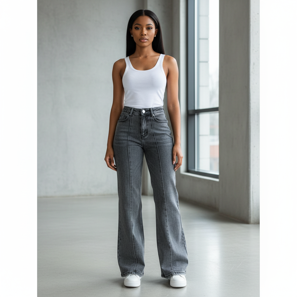 Nigerian female model wearing washed grey panel flare jeans front view
