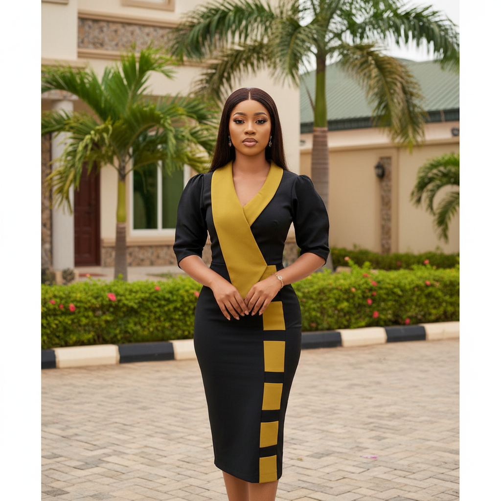 Women's Black & Mustard Wrap-Panel Puff-Sleeve Midi Dress – Nigerian Female Model