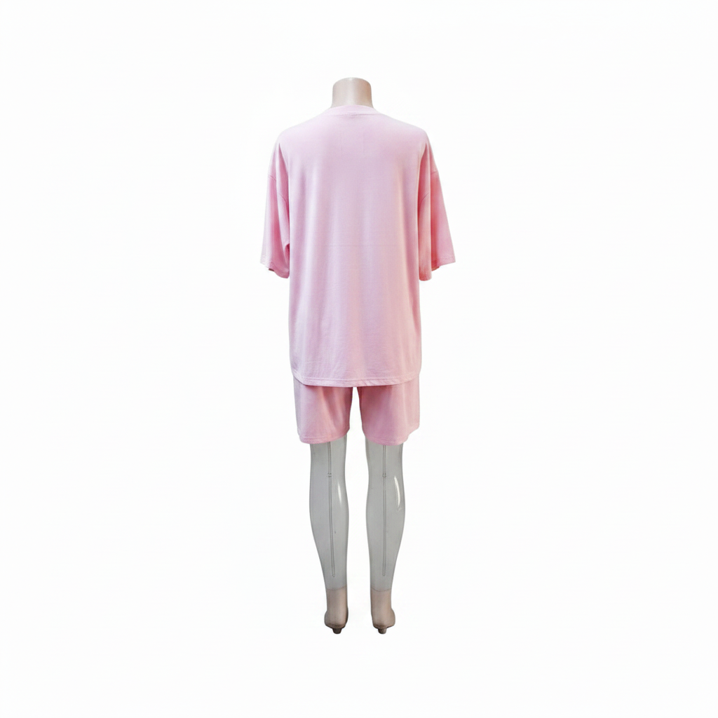 Ghost mannequin back view - pink cascading rhinestone top and shorts set