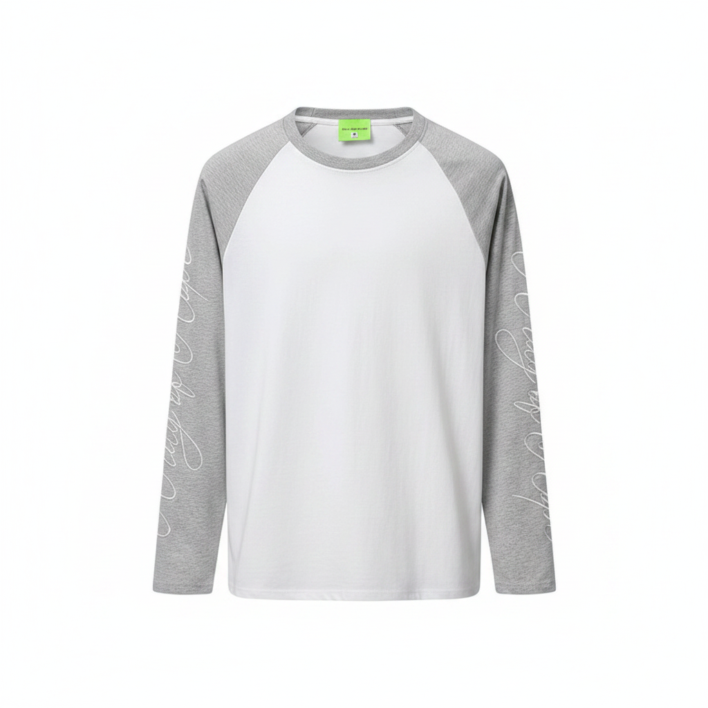 Men's white grey raglan script embroidery long sleeve shirt ghost mannequin front view