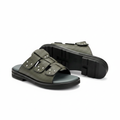 Olive green pebbled leather triple-strap stud slide sandal ghost mannequin product shot, plain white background