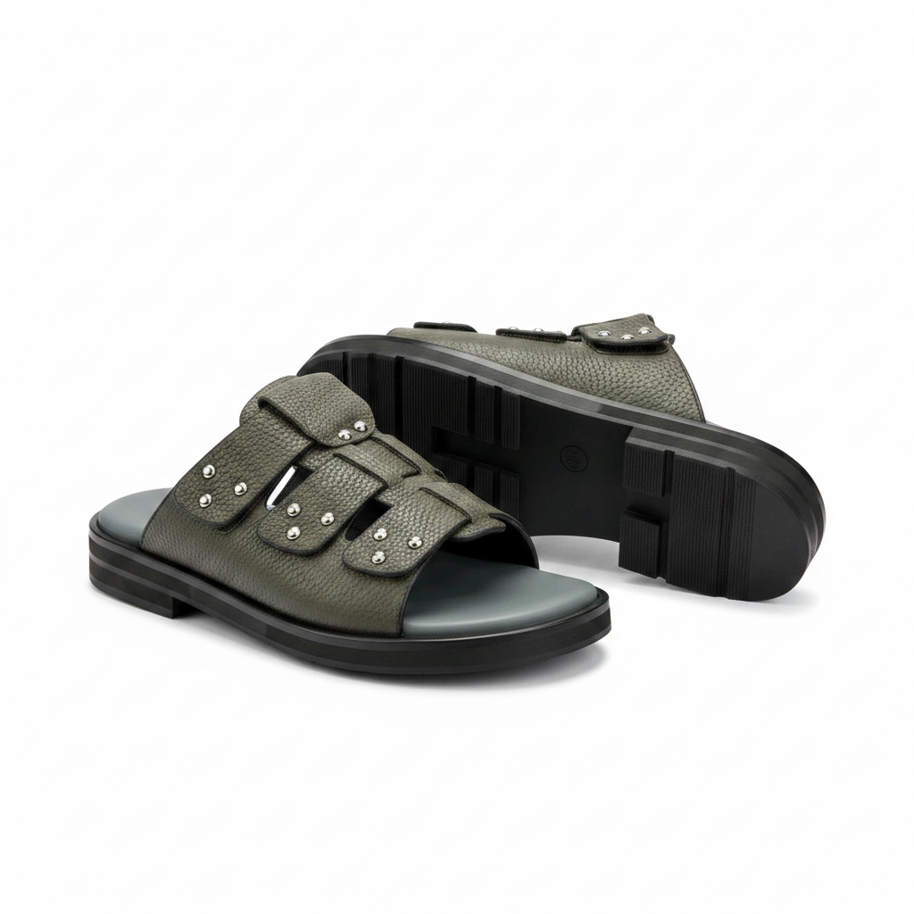 Olive green pebbled leather triple-strap stud slide sandal ghost mannequin product shot, plain white background