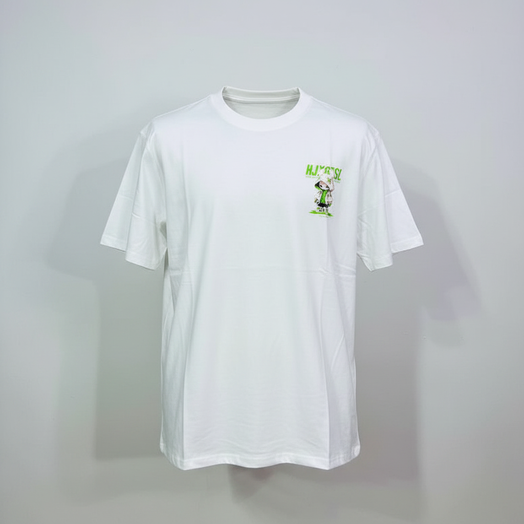 Ghost mannequin front view of white green cartoon graphic tee