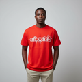 Model wearing the red floral script graphic tee