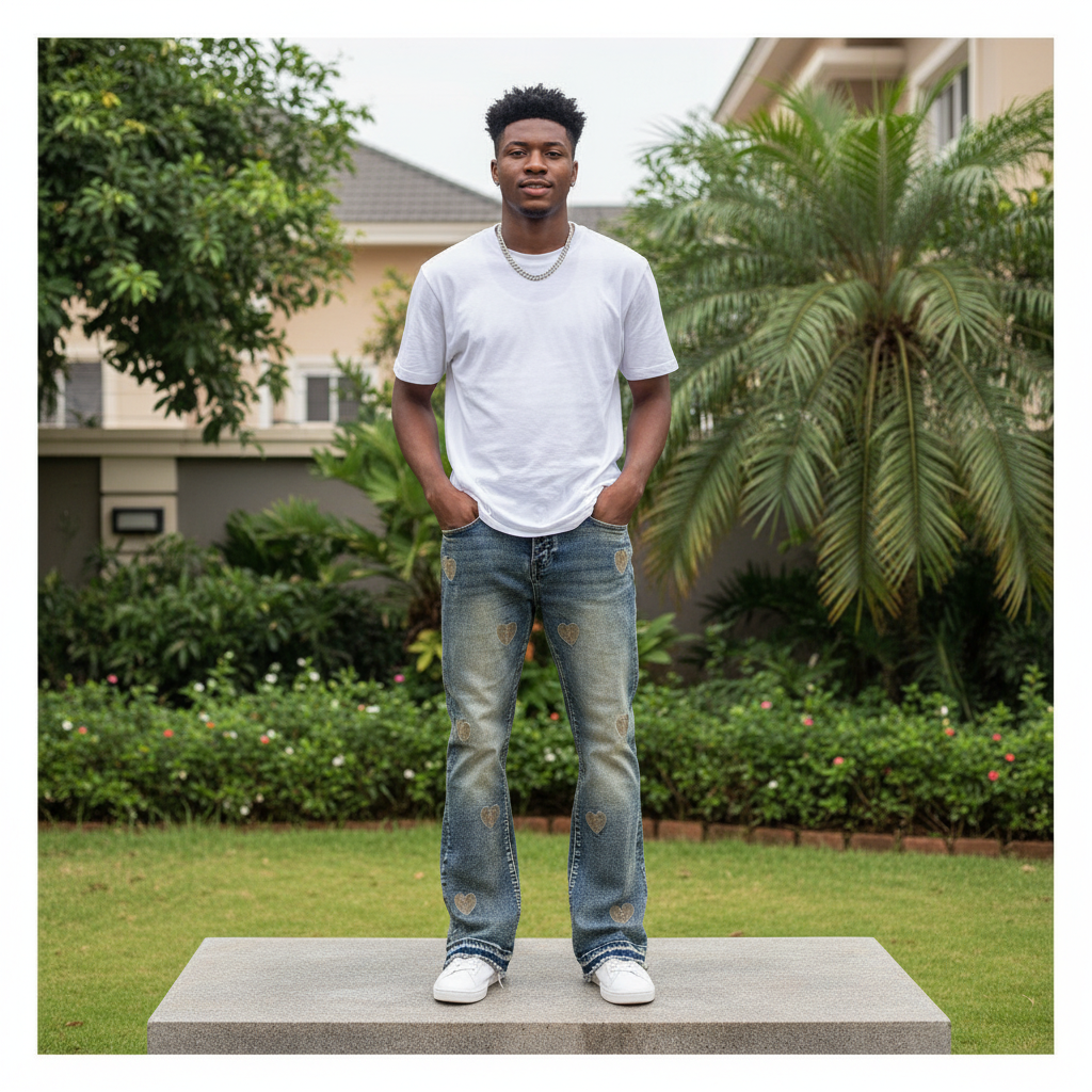 Nigerian male model full body wearing men's vintage washed gold broken heart flared stacked denim jeans