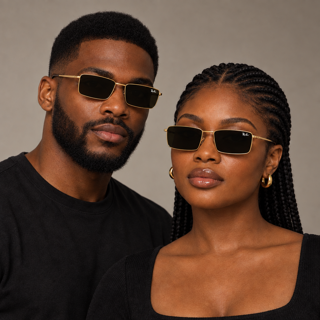 Gold-tone rectangular sunglasses worn by a Black adult man and woman