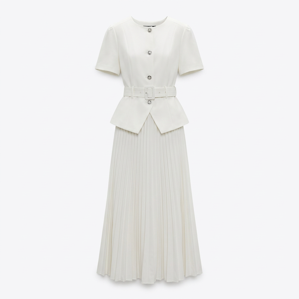 White belted peplum top and pleated skirt set, product view