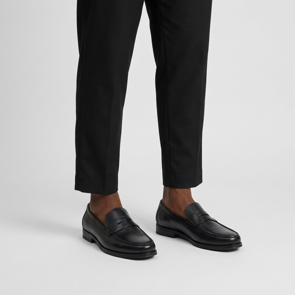 Men's black leather penny loafers worn with relaxed-fit trousers, plain studio background