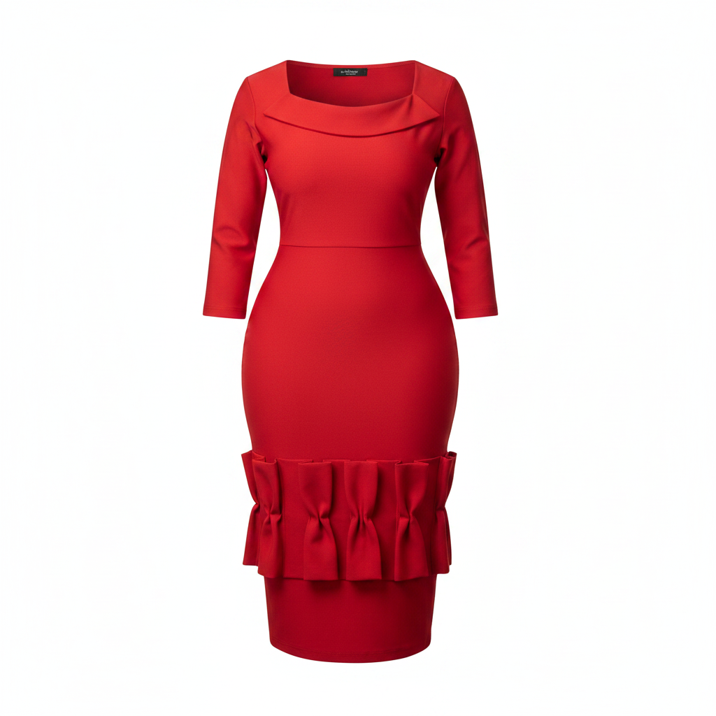 Women's red cowl square neck ruffle hem bodycon midi dress - ghost mannequin view