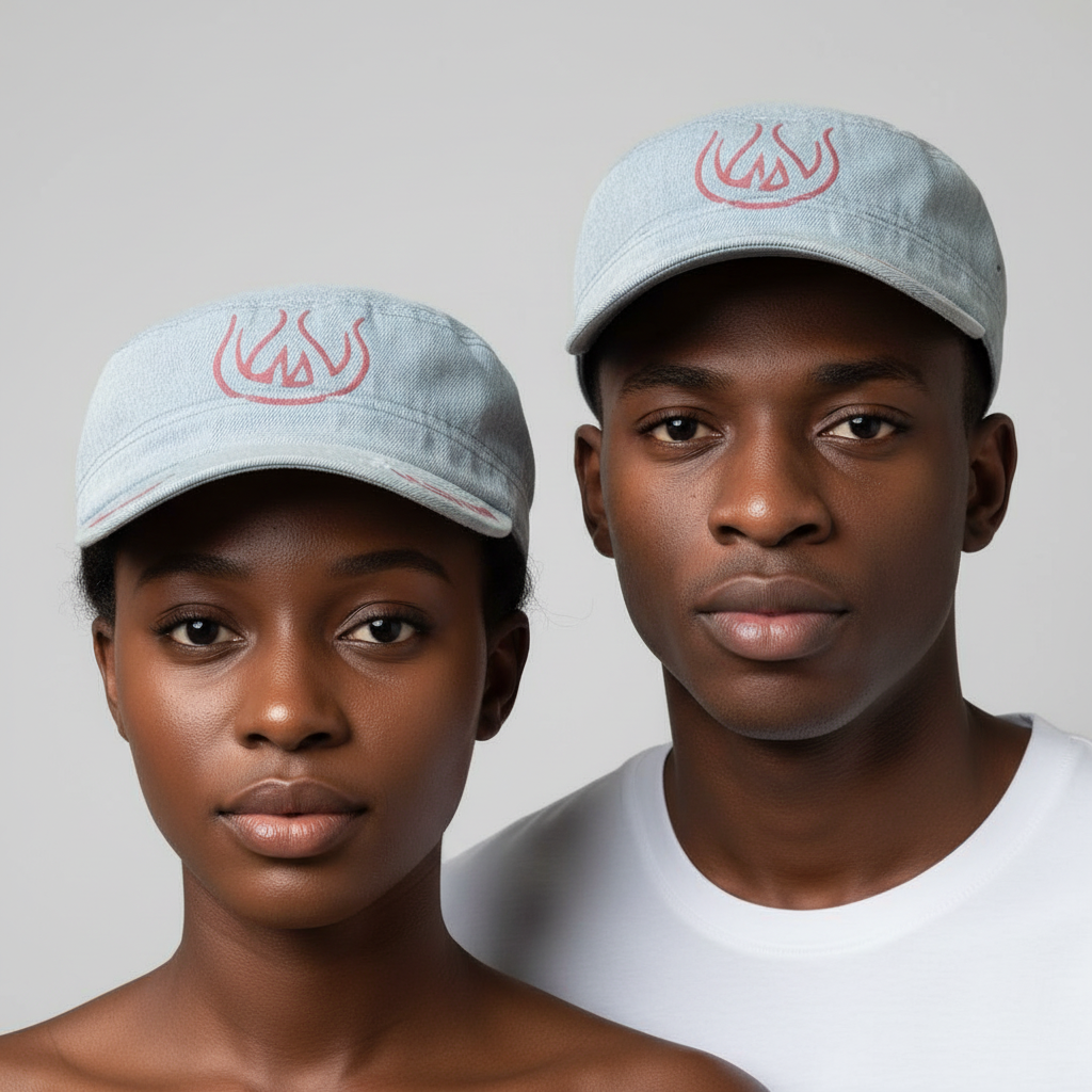 Nigerian female and male models wearing light wash denim graphic print cadet cap – head shot