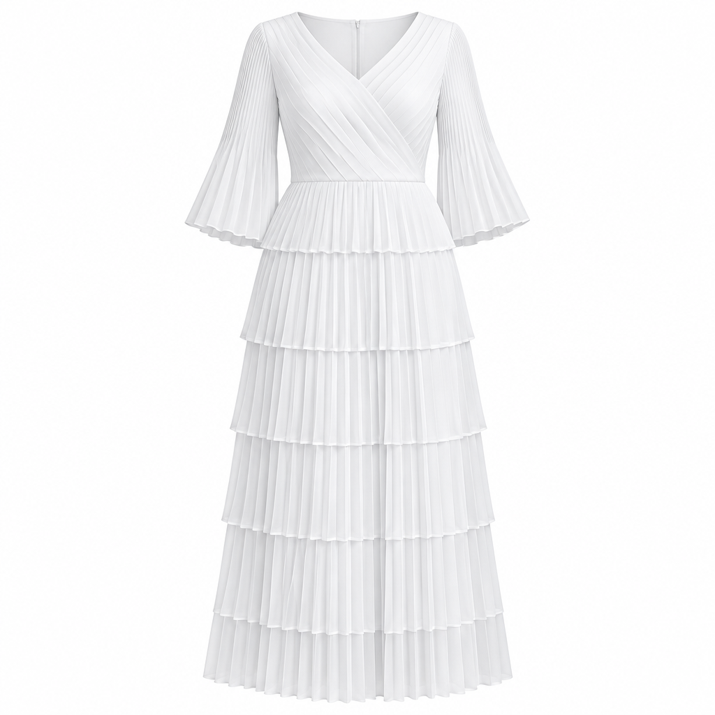 White tiered pleated occasion dress on white background
