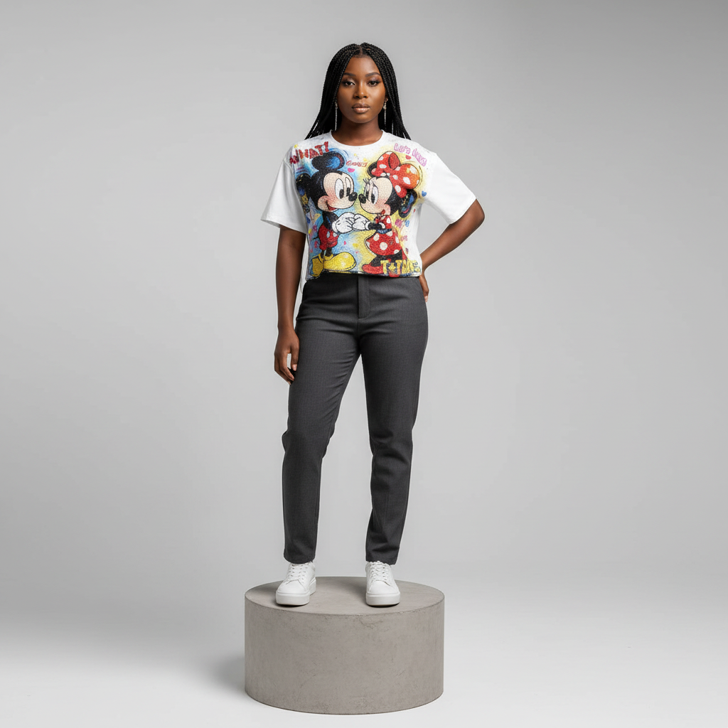 White Mickey & Minnie Graffiti Rhinestone Crop Top - Model Front