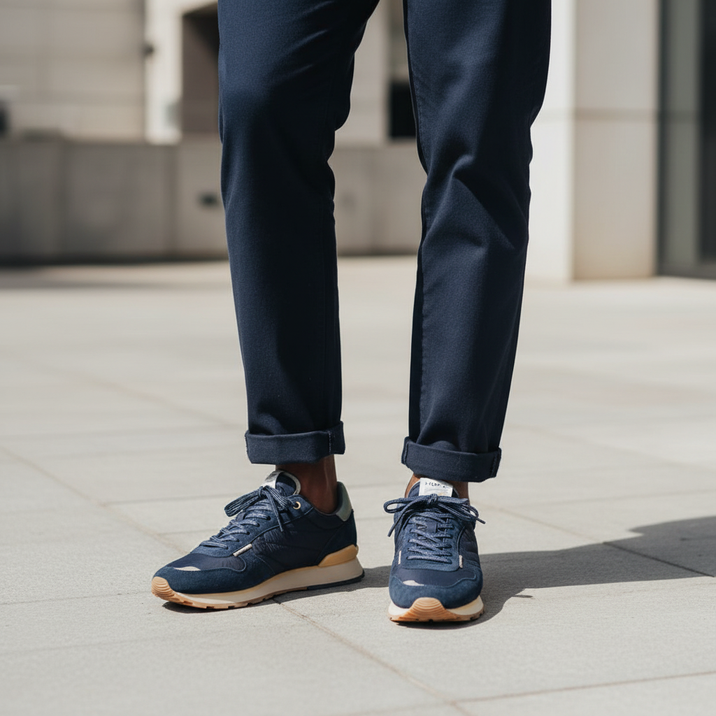 Nigerian male model wearing navy blue suede retro runner sneakers with sage green heel and gum sole, Gen Z street style leg shot