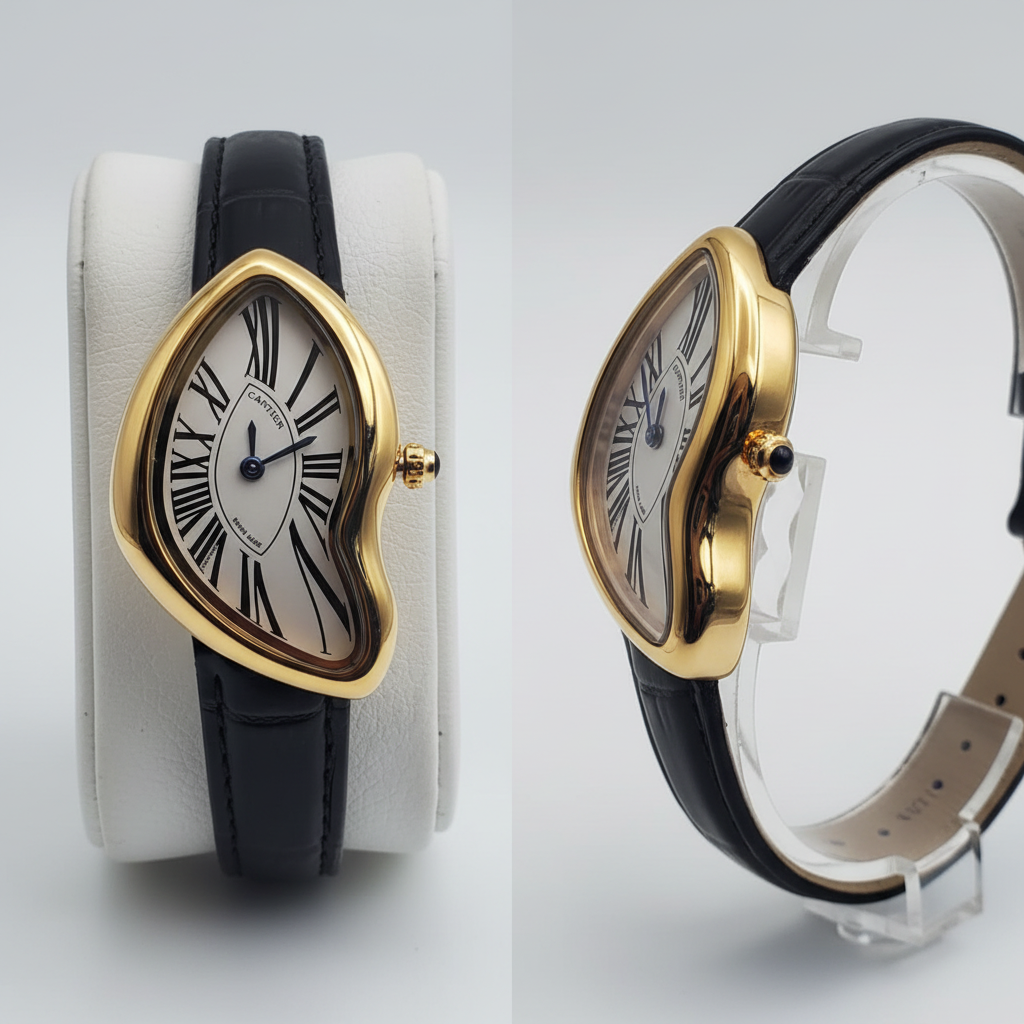 Asymmetric yellow gold watch with black Roman numerals and black strap front and side view