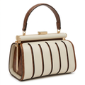 Cream and brown striped top-handle handbag with gold-tone clasp on white