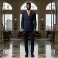 Young Nigerian male model wearing midnight navy pinstripe double-breasted suit full body square
