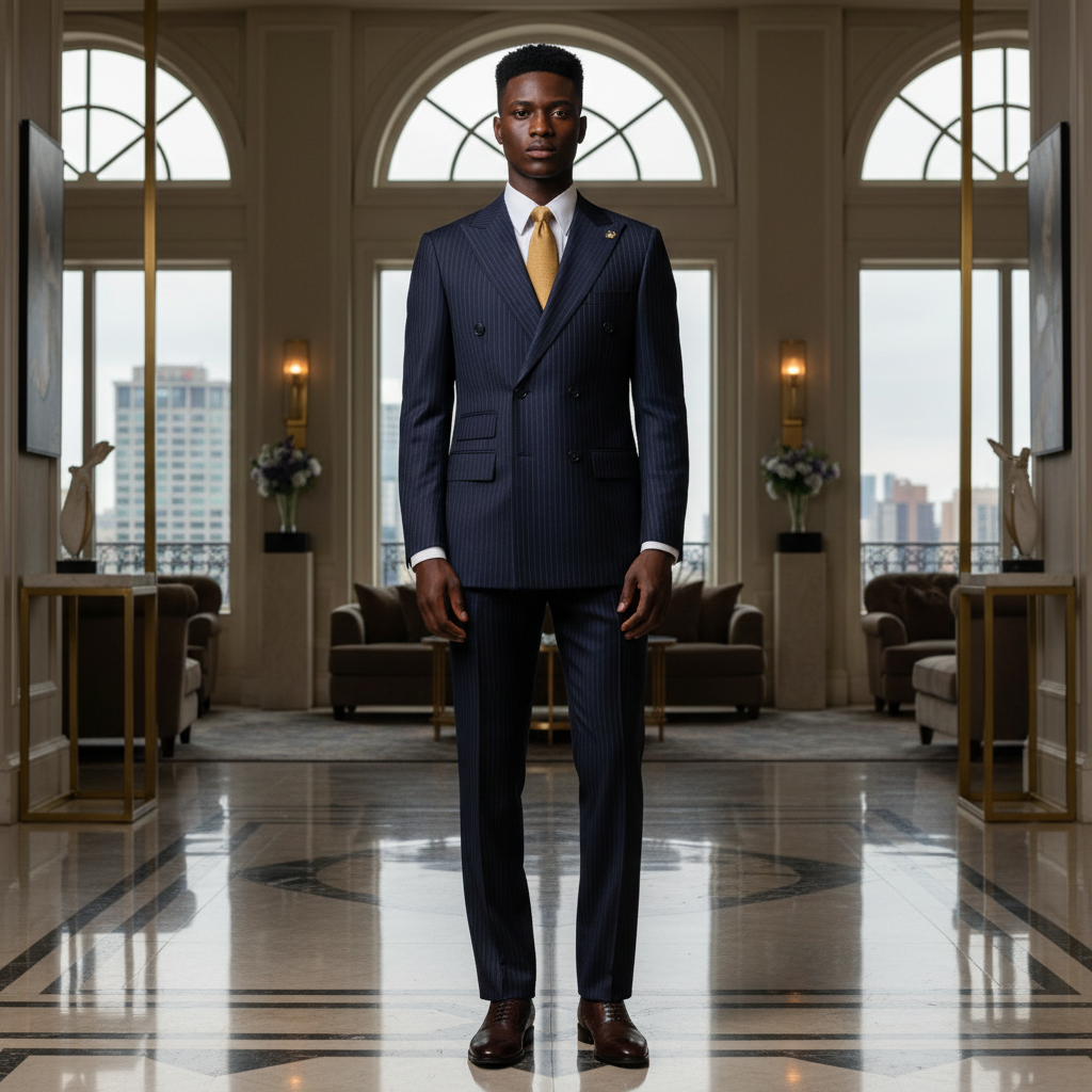 Young Nigerian male model wearing midnight navy pinstripe double-breasted suit full body square