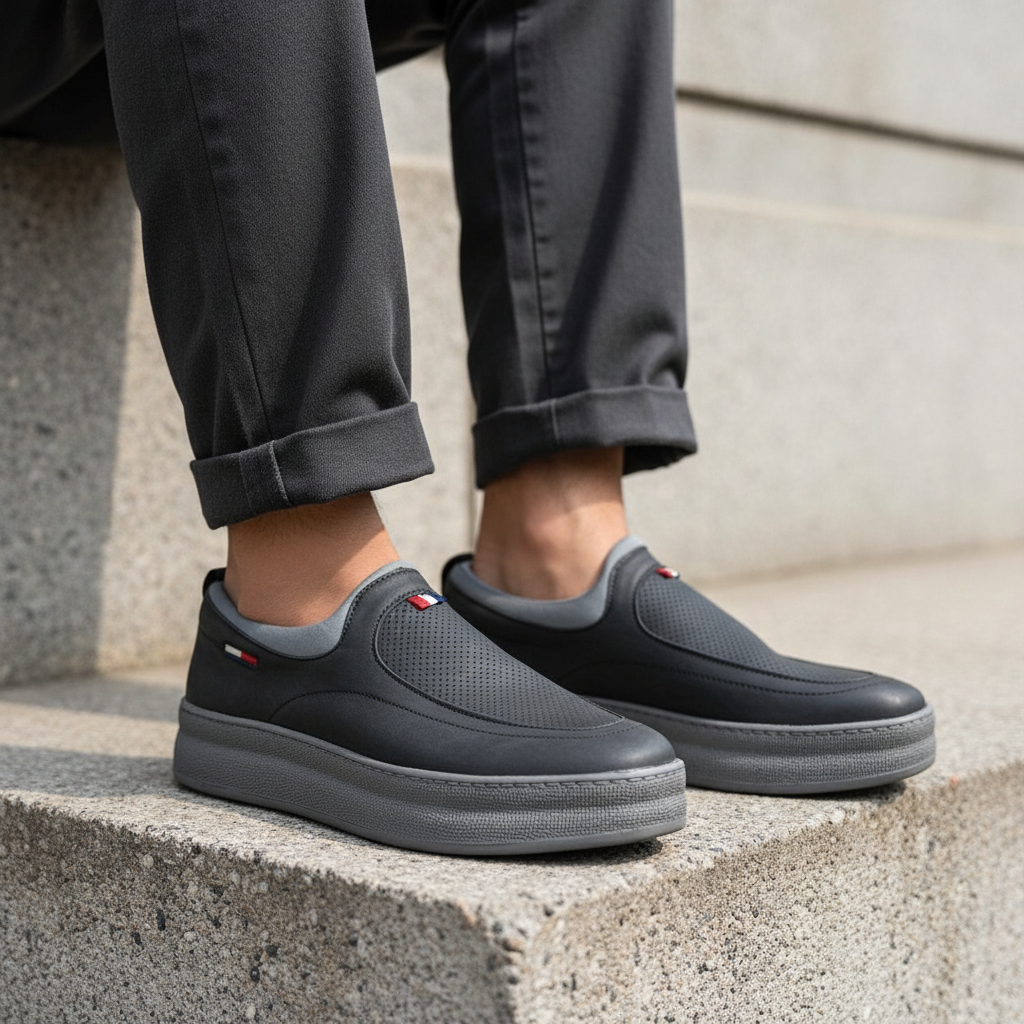 Model wearing dark navy perforated leather slip-on platform sneakers with grey collar leg shot