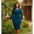 Nigerian female model wearing Women's Teal Long-Sleeve Bodycon Midi Dress