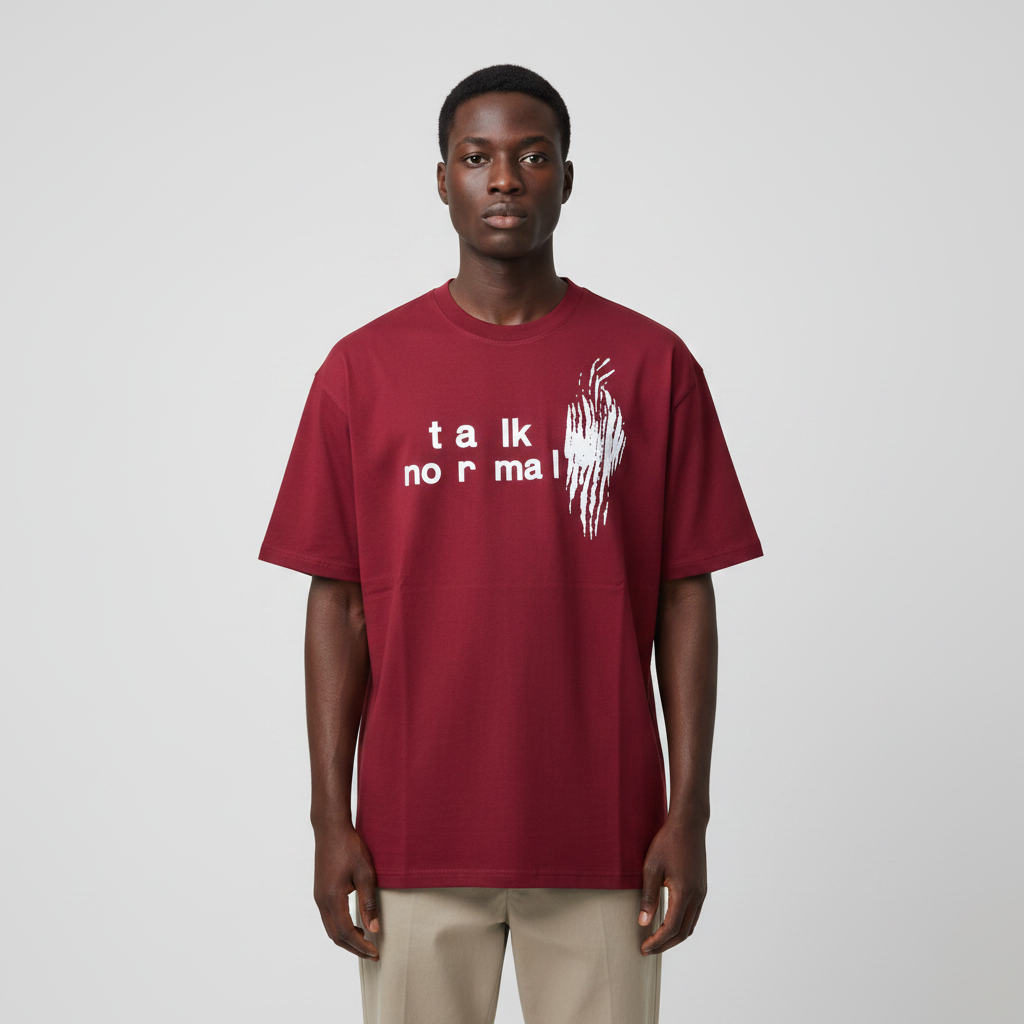 Model wearing the deep red talk normal graphic t-shirt