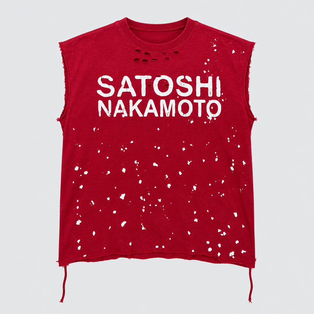 Ghost mannequin view of a red distressed sleeveless graphic shirt