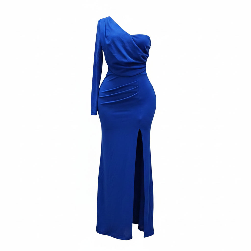 Royal Blue One-Shoulder Ruched Maxi Gown - Ghost Mannequin