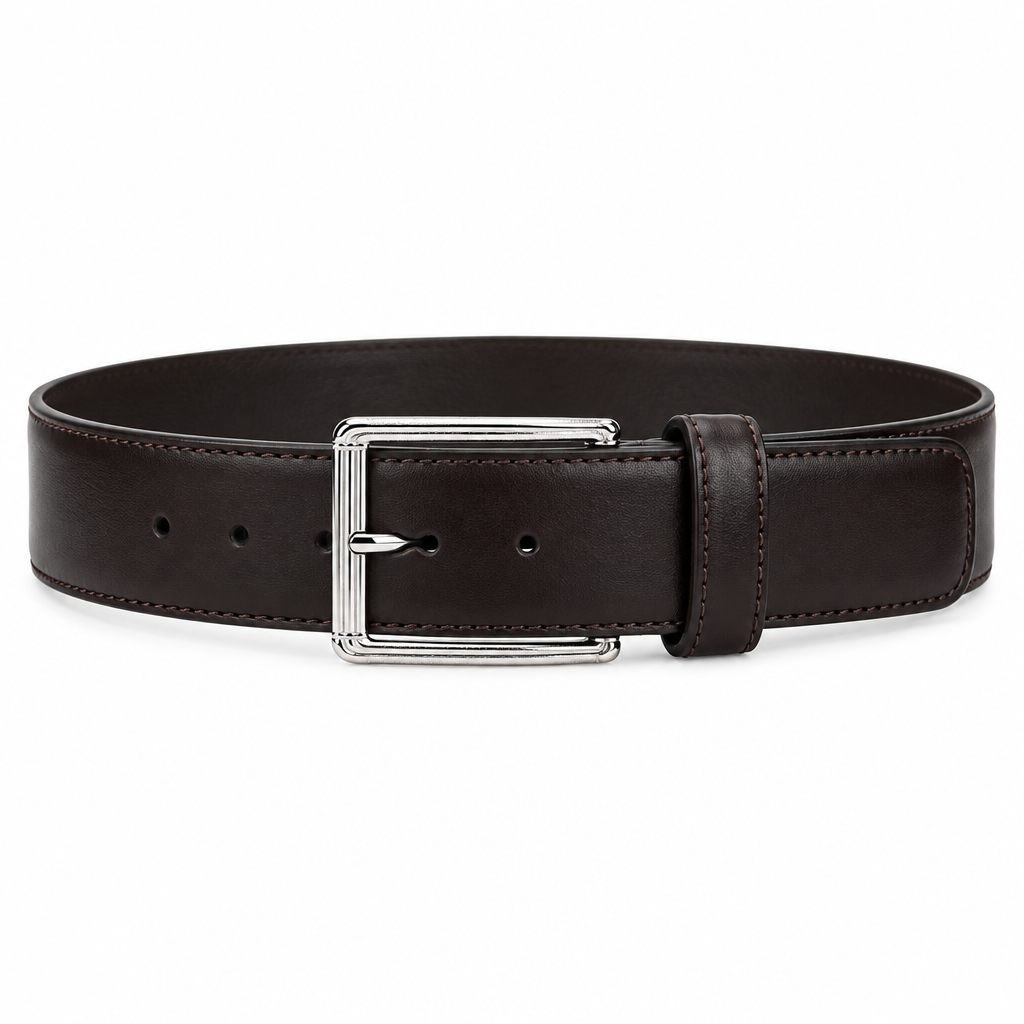 Dark Espresso Brown Leather Silver Multi-Bar Buckle Belt - Front View