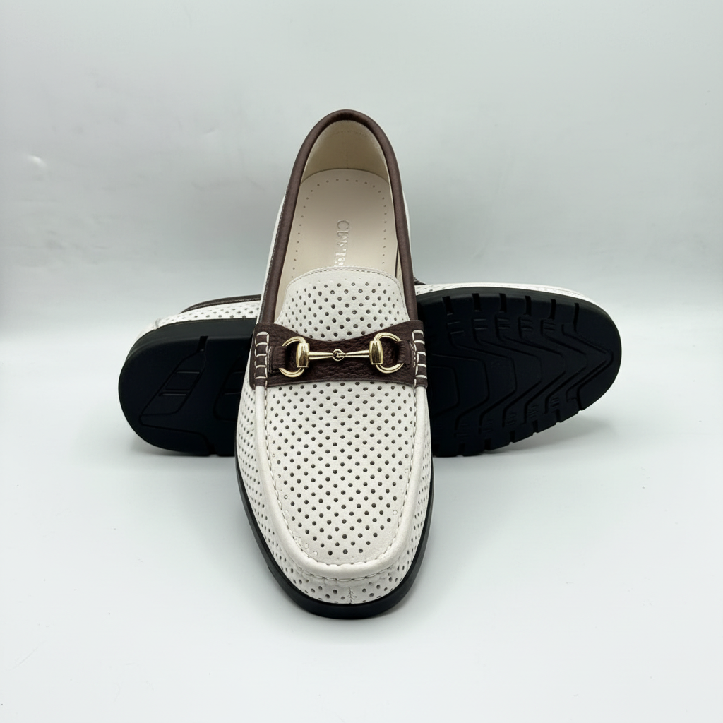 Men's White Perforated Leather Brown-Trim Gold Horsebit Loafers – Ghost Mannequin