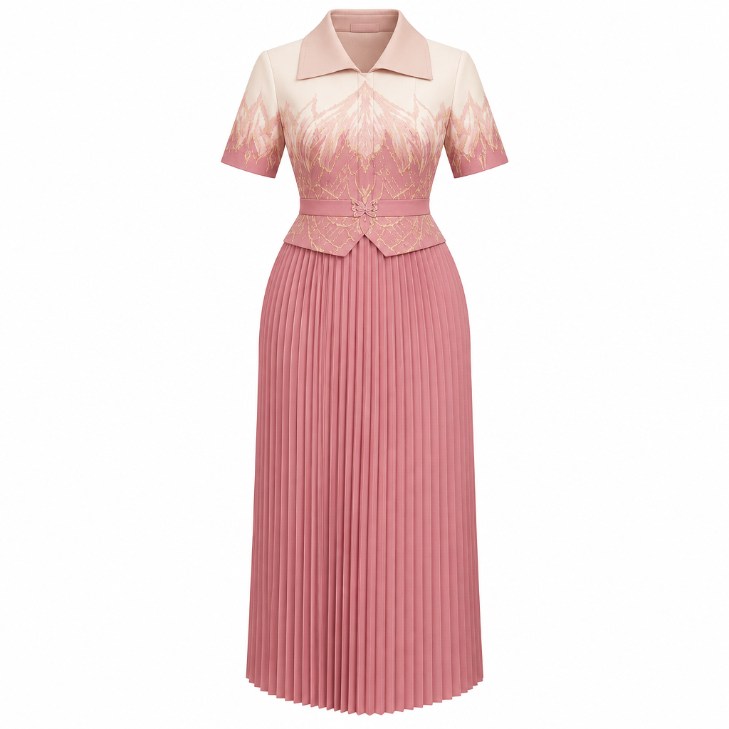Pink collared contrast-print pleated occasion dress on white background