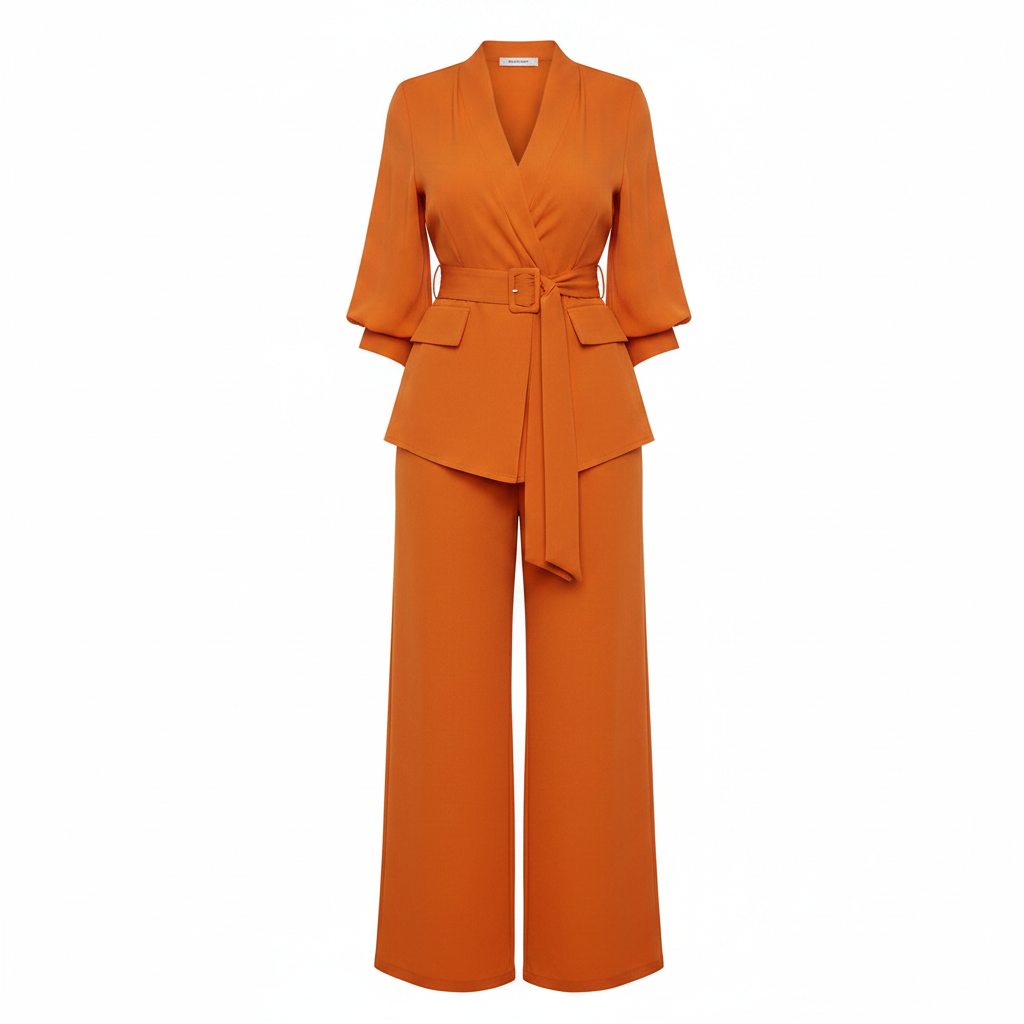 Women's orange shirt and wide-leg trouser co-ord set – ghost mannequin view