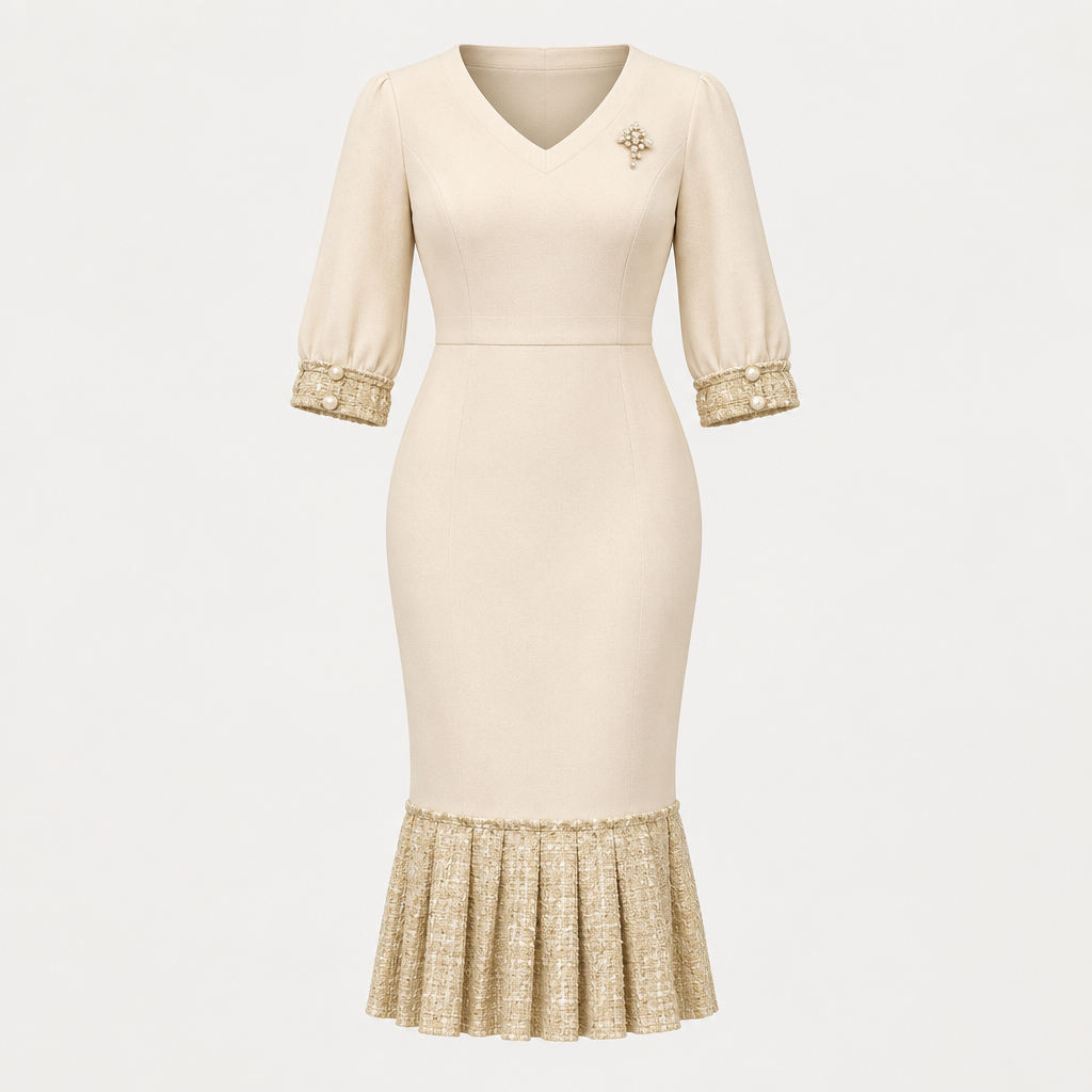 Cream V-neck gold-trimmed ruffle hem dress on invisible mannequin