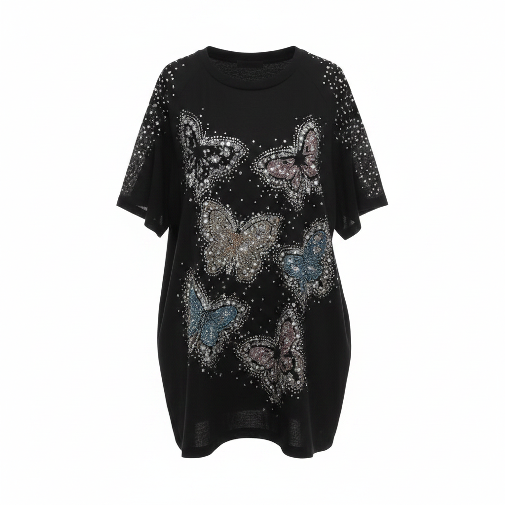 Rhinestone Butterfly Print Oversized T-Shirt – Ghost Mannequin Black