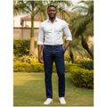 Nigerian male model wearing men's navy blue chinos trousers