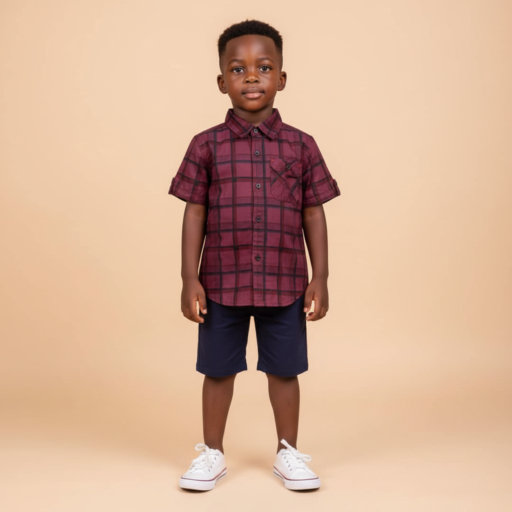 Smart-Kids Burgundy Plaid Check Short-Sleeve Shirt - Model Shot