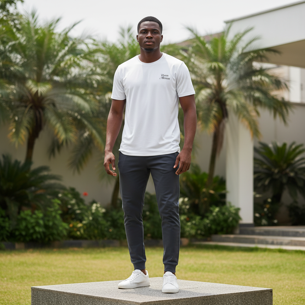 Men's White Short-Sleeve Graphic Athletic T-Shirt – Nigerian Male Model