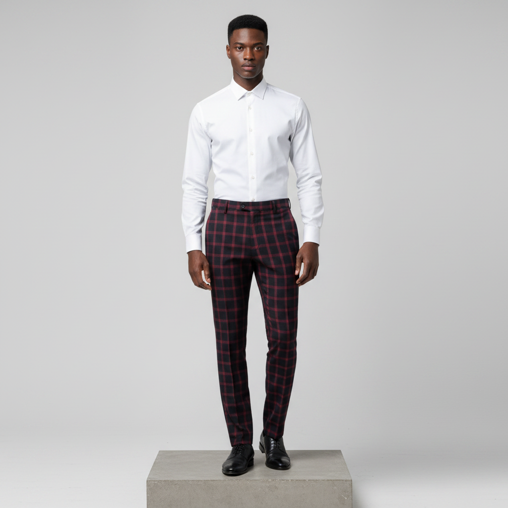 Black Burgundy Windowpane Trousers – Front Model