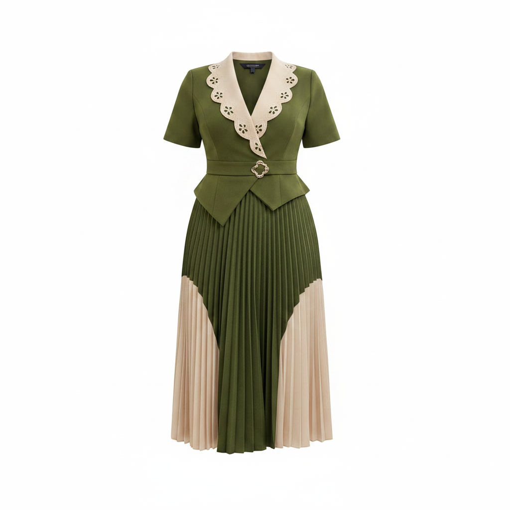 Women's Olive Green & Cream Scalloped Pleated Midi Skirt Suit Set - Ghost Mannequin Front View